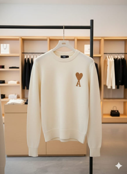 Premium Cream Knit Sweater with Heart “A” Chest Logo