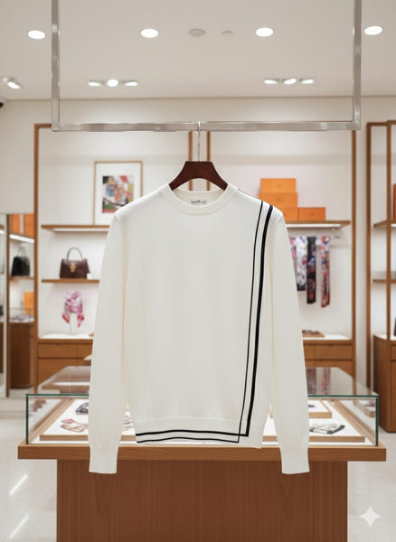 Men’s Navy Blue Premium Knit Sweater with Contrast Stripe Design