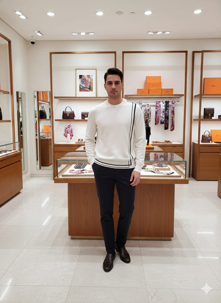 Men’s Navy Blue Premium Knit Sweater with Contrast Stripe Design