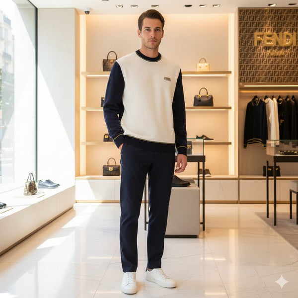 Men’s Premium White & Navy Color-Block Sweater