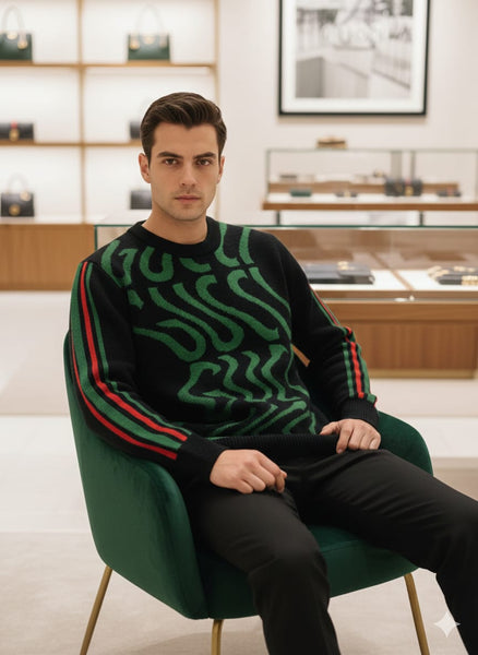 Designer-Style Black Knitted Sweatshirt with Bold Pattern