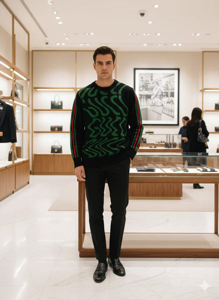 Designer-Style Black Knitted Sweatshirt with Bold Pattern