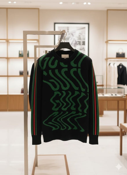 Designer-Style Black Knitted Sweatshirt with Bold Pattern