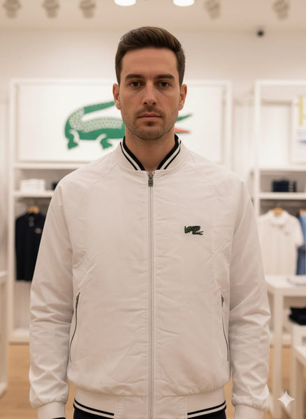 Classic White Zip-Up Men’s Jacket with Sporty Ribbed Finish
