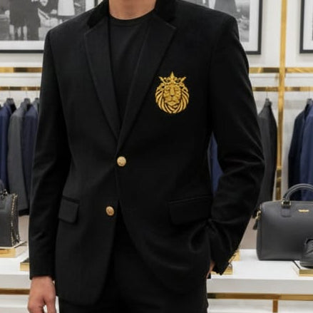 Luxury Black Men’s Blazer with Royal Gold Emblem Detail