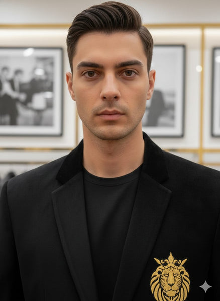 Luxury Black Men’s Blazer with Royal Gold Emblem Detail