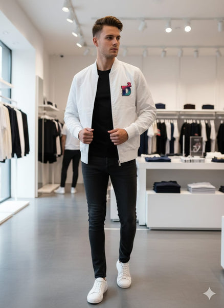 Stylish White Men’s Zip-Up Bomber Jacket with Logo Patch