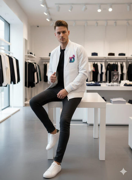 Stylish White Men’s Zip-Up Bomber Jacket with Logo Patch