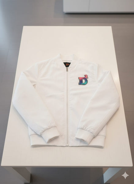 Stylish White Men’s Zip-Up Bomber Jacket with Logo Patch