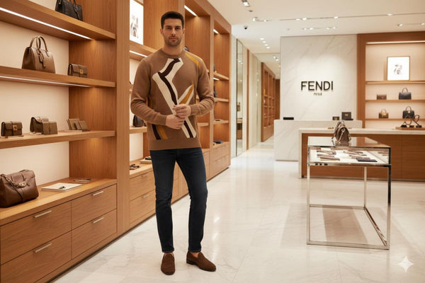 Luxury Beige Men’s Pullover with Modern Abstract Pattern