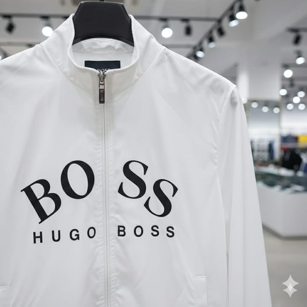 Stylish White Men’s Zip-Up Jacket with Bold Logo Print