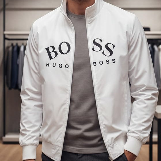 Stylish White Men’s Zip-Up Jacket with Bold Logo Print