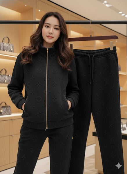 Luxury Black Women’s Tracksuit Set with Embossed Pattern