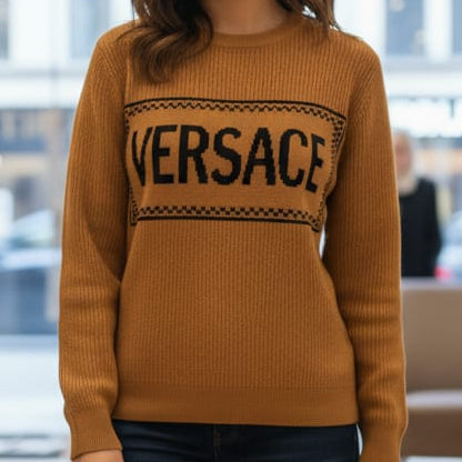 Stylish Brown Knit Pullover  with Bold Logo Design