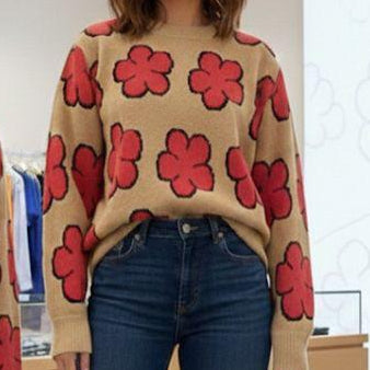 Beige Floral Knit Sweater with Bold Red Flower Print