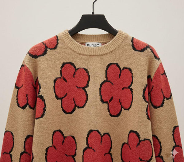 Beige Floral Knit Sweater with Bold Red Flower Print