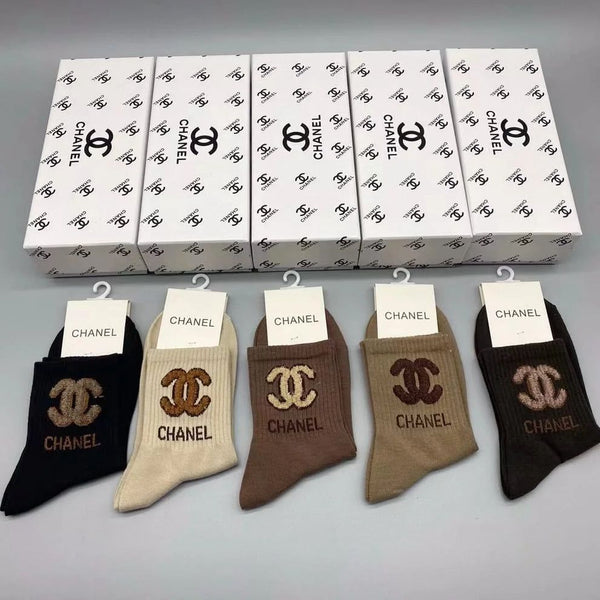 Luxury Designer-Style Cotton Crew Socks Premium Logo Pattern (Pack of 5)