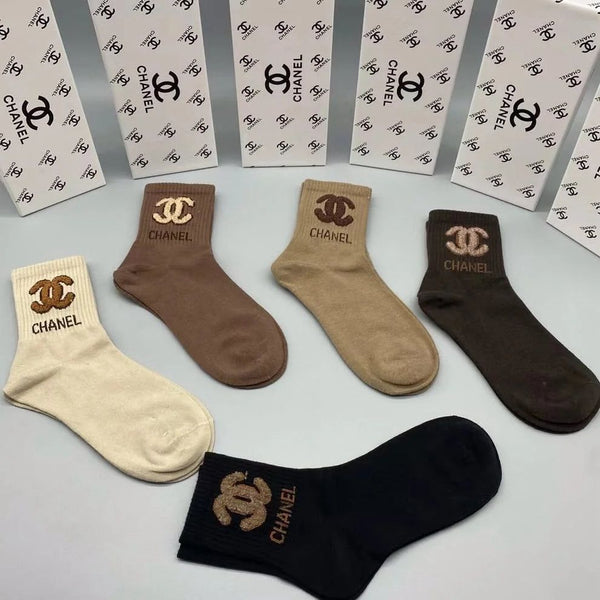 Luxury Designer-Style Cotton Crew Socks Premium Logo Pattern (Pack of 5)