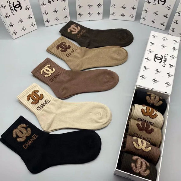 Luxury Designer-Style Cotton Crew Socks Premium Logo Pattern (Pack of 5)