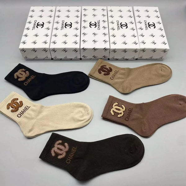 Luxury Designer-Style Cotton Crew Socks Premium Logo Pattern (Pack of 5)