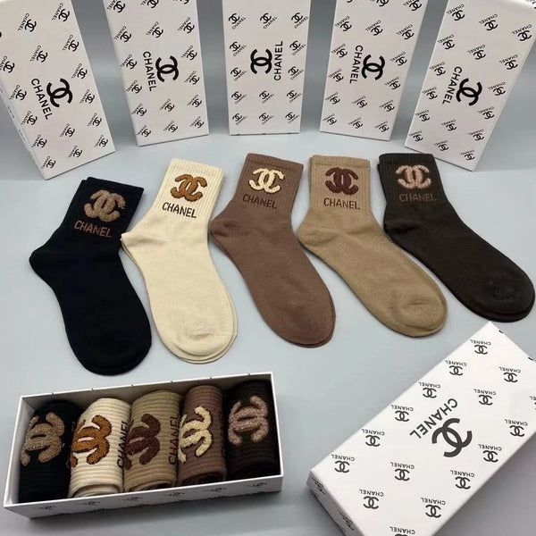 Luxury Designer-Style Cotton Crew Socks Premium Logo Pattern (Pack of 5)