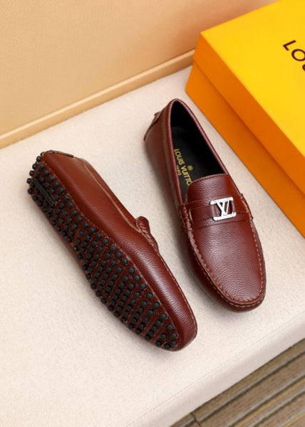 Men’s Brown Leather Slip-On Loafers with Metal Logo Premium Classic Style