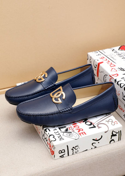 Men’s Navy Blue Leather Slip-On Loafers with Metal Logo Premium Comfort Shoes