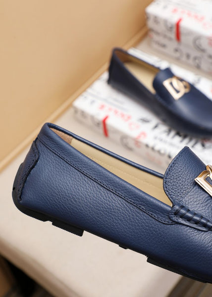 Men’s Navy Blue Leather Slip-On Loafers with Metal Logo Premium Comfort Shoes