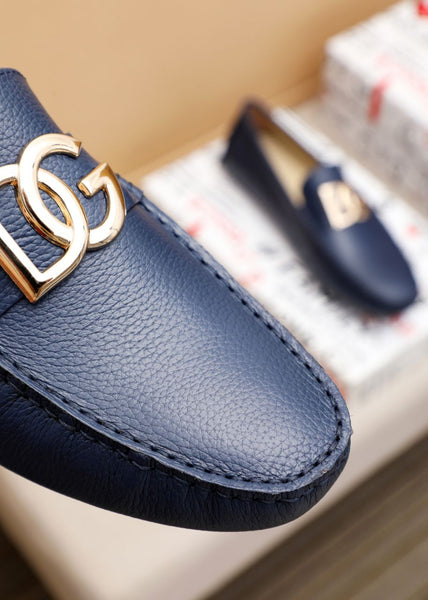 Men’s Navy Blue Leather Slip-On Loafers with Metal Logo Premium Comfort Shoes