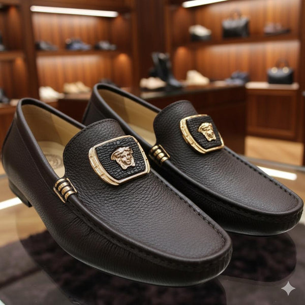 Men’s Black Leather Luxury Slip-On Loafers with Gold Emblem Elegant Formal Shoes