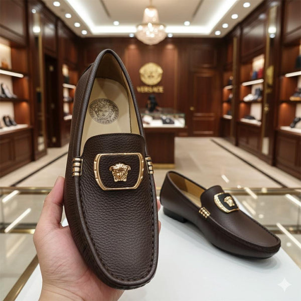 Men’s Leather Slip-On Loafers with Gold Metal Detail Luxury Formal Shoes