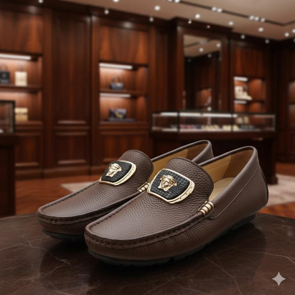 Men’s Leather Slip-On Loafers with Gold Metal Detail Luxury Formal Shoes