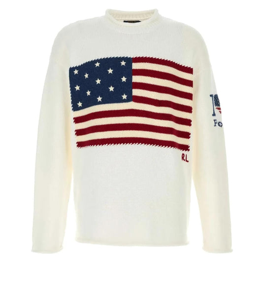 White Knit Sweater with Classic American Flag Design