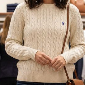 Premium Classic Polo Cable Knit Crew Neck  Pullover For Women