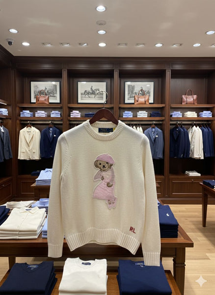 Women’s Cream Knit Sweater with Cute Teddy Embroidery