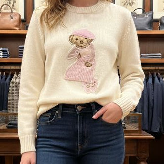 Women’s Cream Knit Sweater with Cute Teddy Embroidery