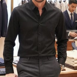Men’s Solid Black Full Sleeve Casual Shirt with Logo Detail