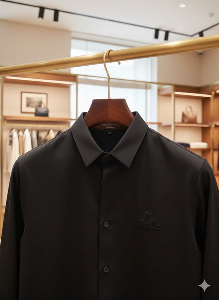 Men’s Solid Black Full Sleeve Casual Shirt with Logo Detail