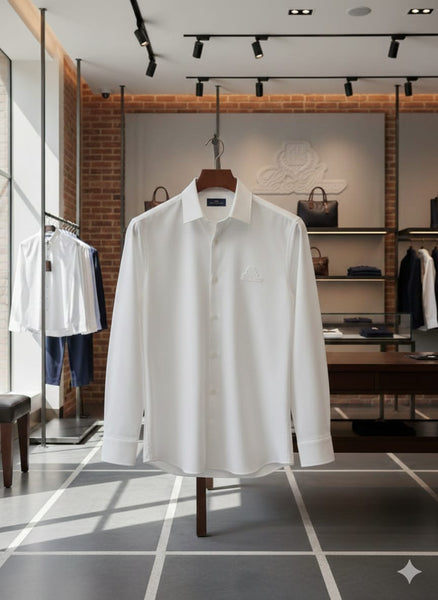 Men’s White Solid Full-Sleeve Casual Shirt with Premium Logo Detail
