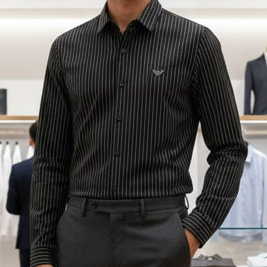 Men’s Black Striped Formal Shirt with Premium Logo Detail