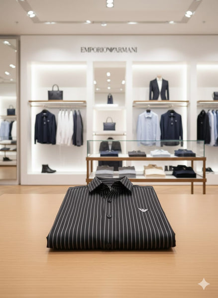 Men’s Black Striped Formal Shirt with Premium Logo Detail
