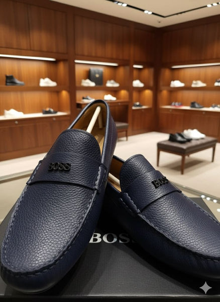 Men’s Navy Blue Leather Loafers with Premium Logo Detail