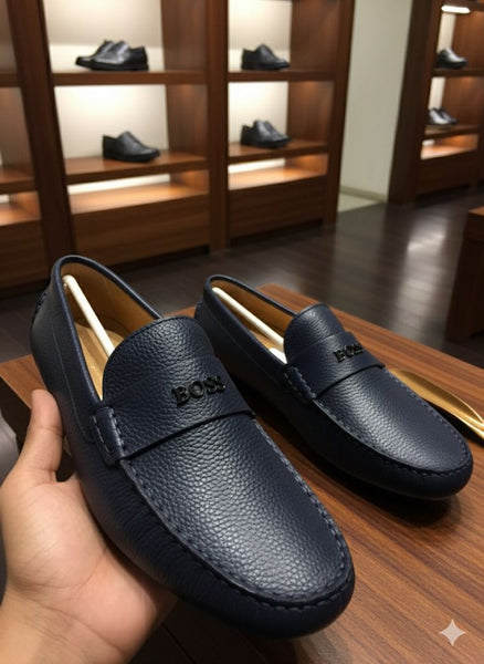 Men’s Navy Blue Leather Loafers with Premium Logo Detail