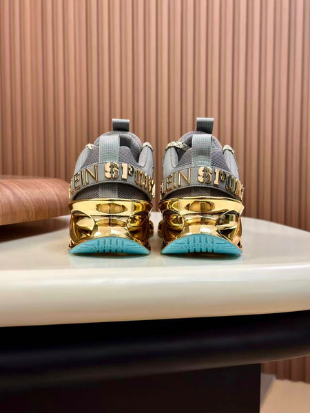 Men’s Grey Luxury Sport Sneakers with Gold Sole Design