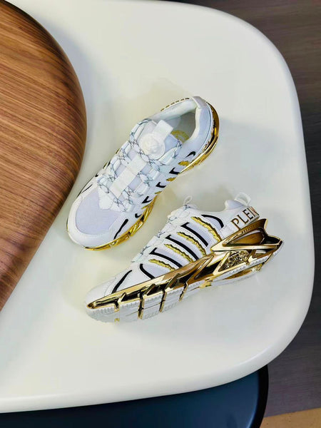 Branded  White & Gold Men’s Sneakers Bold Designer Sports Shoes