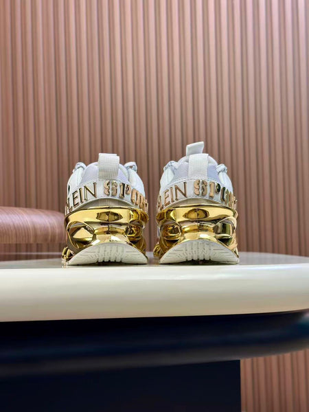 Branded  White & Gold Men’s Sneakers Bold Designer Sports Shoes