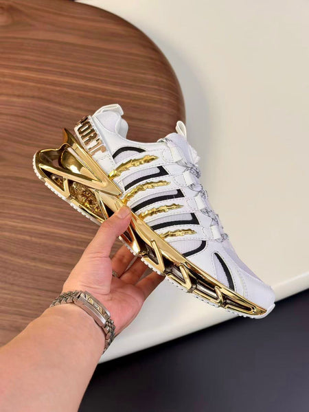 Branded  White & Gold Men’s Sneakers Bold Designer Sports Shoes