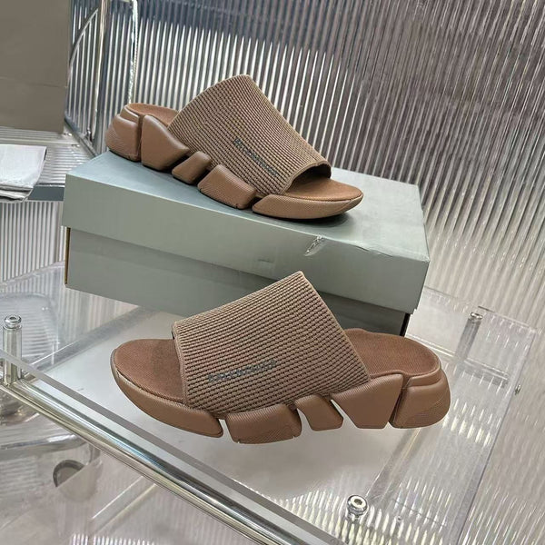 Premium Brown  Knit Strap Chunky Slide Sandals  Luxury Comfort Style