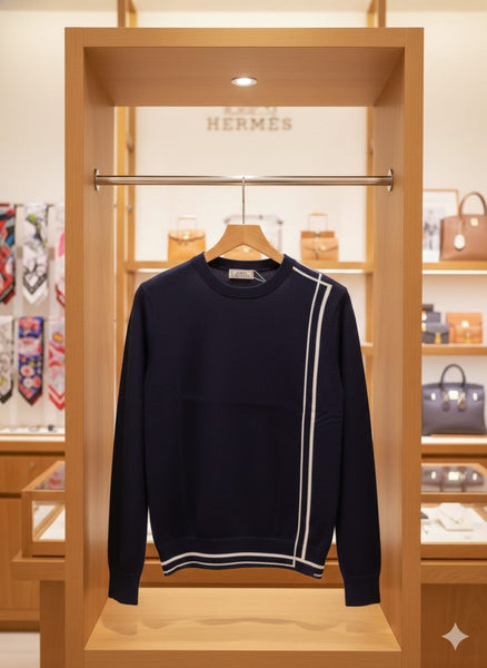 Men’s Navy Blue Crew Neck Sweater with Contrast Line Design