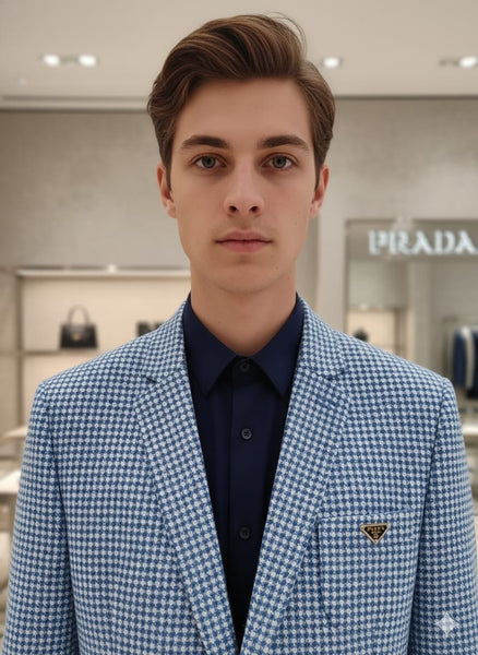 Premium Blue Textured Blazer with Elbow Patch Detail